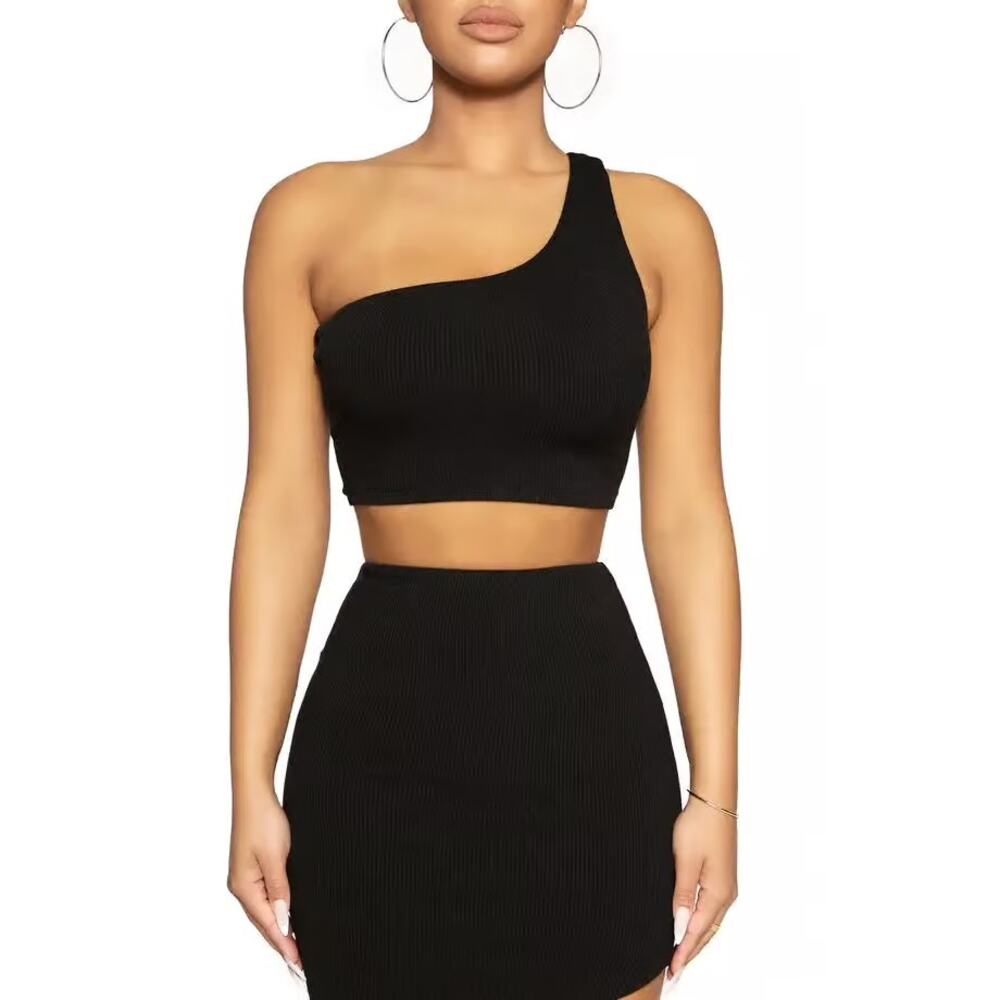 Naked Wardrobe Microrib One-Shoulder Crop Tank - Black - Small NWOT